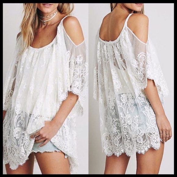 Just in!! White Lace Sheer Open Shoulder Swing Top - Picture 2 of 5